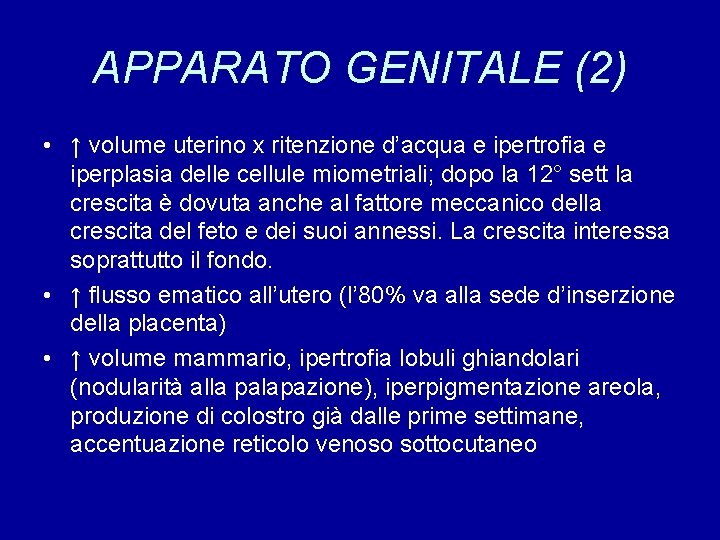 APPARATO GENITALE (2) • ↑ volume uterino x ritenzione d’acqua e ipertrofia e iperplasia