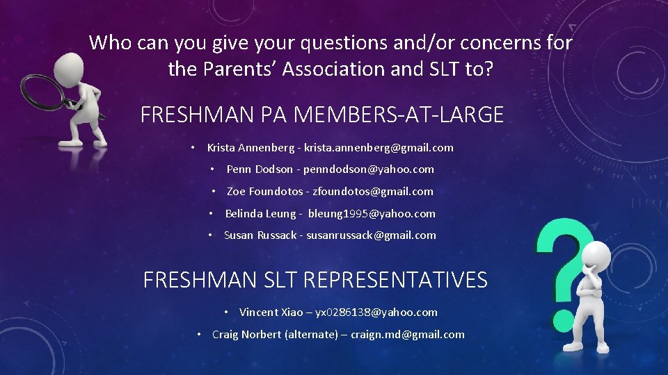 Who can you give your questions and/or concerns for the Parents’ Association and SLT
