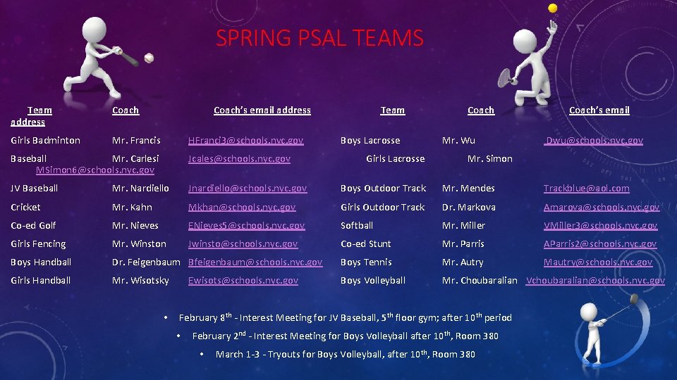 SPRING PSAL TEAMS Team address Coach Girls Badminton Mr. Francis Coach’s email address HFranci