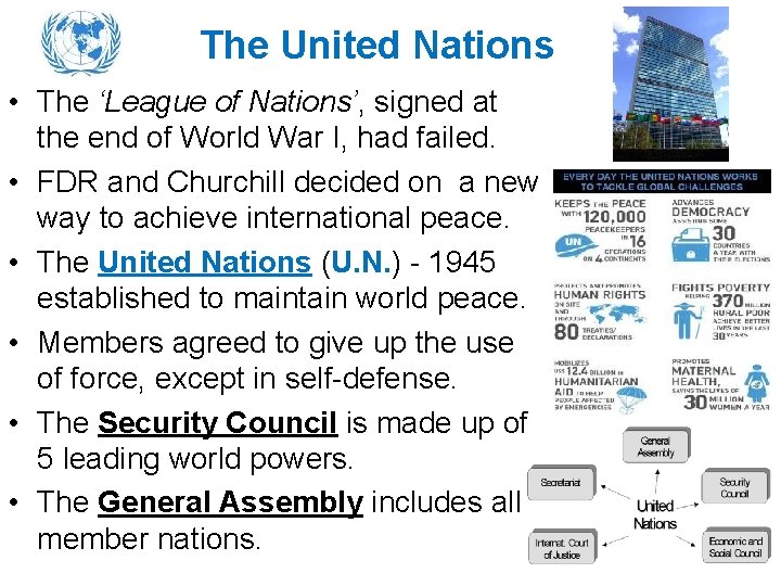 The United Nations • The ‘League of Nations’, signed at the end of World