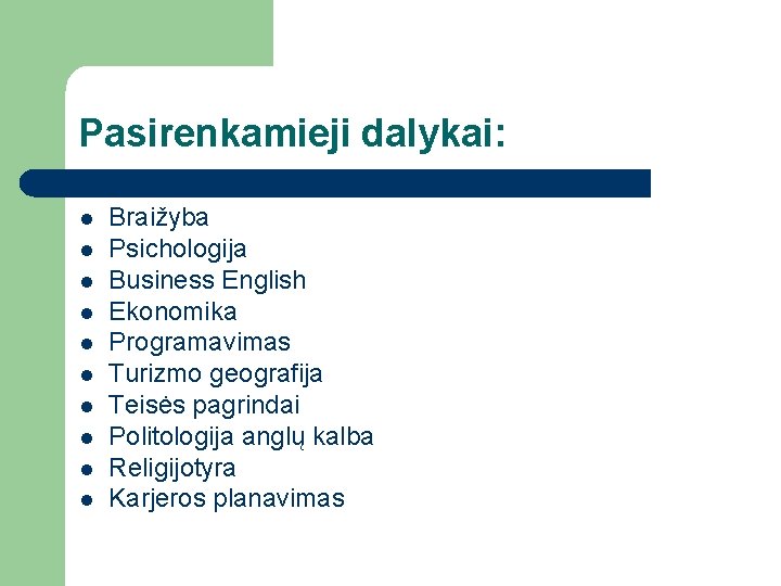 Pasirenkamieji dalykai: l l l l l Braižyba Psichologija Business English Ekonomika Programavimas Turizmo