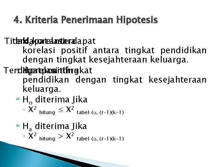 4. Kriteria Penerimaan Hipotesis Tidak terdapat : Hokorelasi antara terdapat korelasi positif antara tingkat