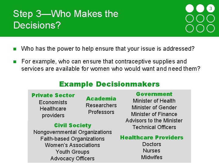 Step 3—Who Makes the Decisions? Who has the power to help ensure that your