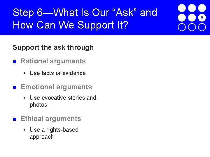 Step 6—What Is Our “Ask” and How Can We Support It? Support the ask