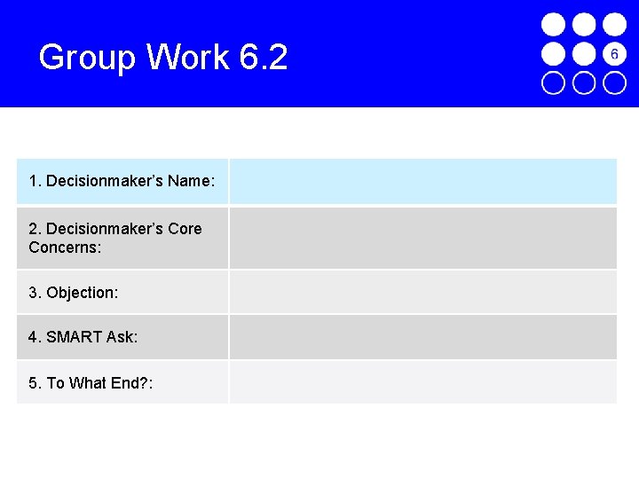 Group Work 6. 2 1. Decisionmaker’s Name: 2. Decisionmaker’s Core Concerns: 3. Objection: 4.
