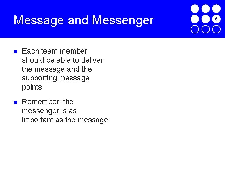 Message and Messenger Each team member should be able to deliver the message and