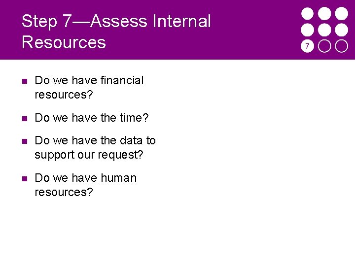 Step 7—Assess Internal Resources Do we have financial resources? Do we have the time?