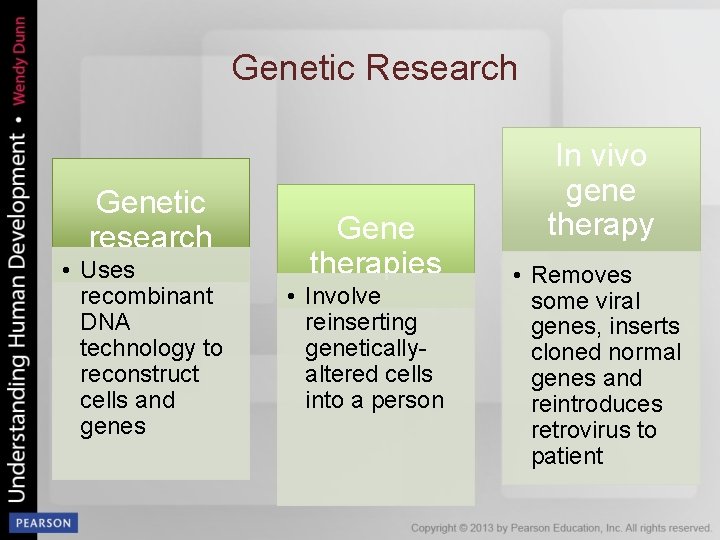 Genetic Research Genetic research • Uses recombinant DNA technology to reconstruct cells and genes