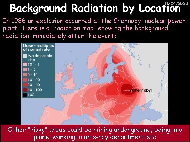 Background Radiation by Location 11/24/2020 In 1986 an explosion occurred at the Chernobyl nuclear