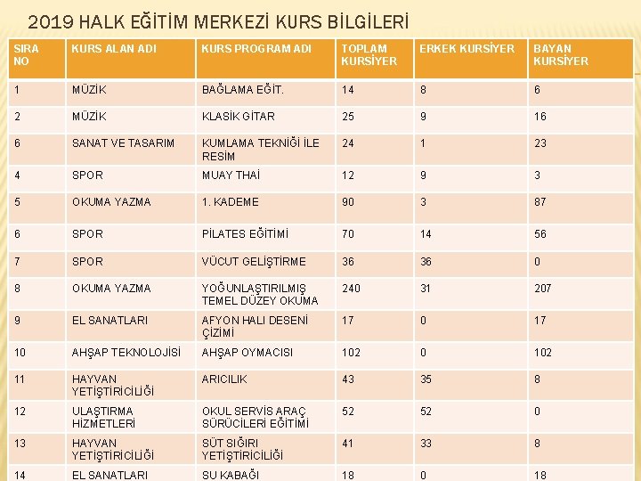 2019 HALK EĞİTİM MERKEZİ KURS BİLGİLERİ SIRA NO KURS ALAN ADI KURS PROGRAM ADI