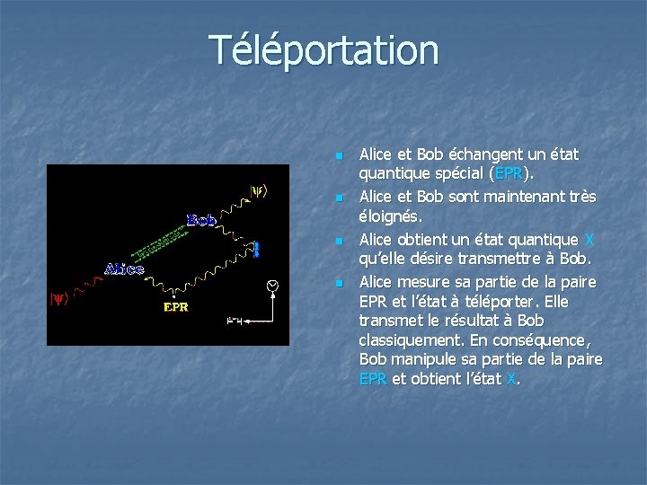Téléportation n n Alice et Bob échangent un état quantique spécial (EPR). Alice et