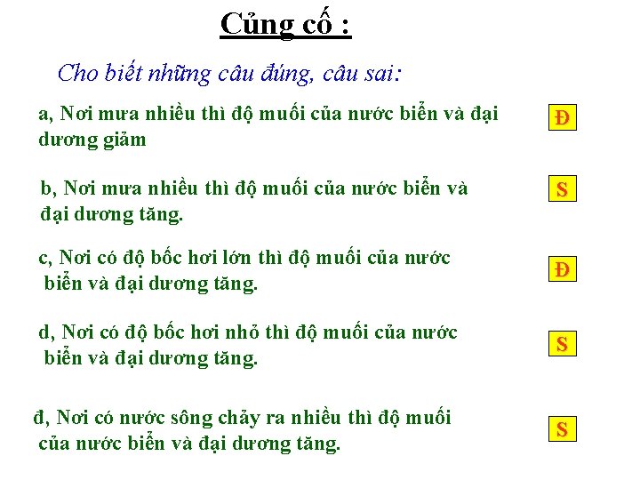 Củng cố : Cho biết những câu đúng, câu sai: a, Nơi mưa nhiều Củng cố : Cho biết những câu đúng, câu sai: a, Nơi mưa nhiều