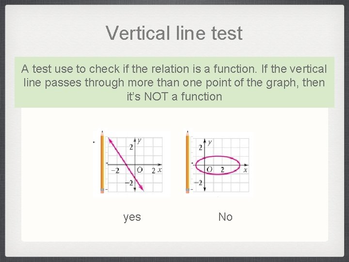 Vertical line test A test use to check if the relation is a function.