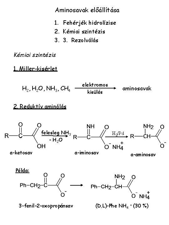 Aminosavak előállítása 1. Fehérjék hidrolízise 2. Kémiai szintézis 3. 3. Rezolválás Kémiai szintézis 1.