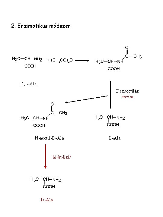 2. Enzimatikus módszer + (CH 3 CO)2 O D, L-Ala Dezacetiláz enzim N-acetil-D-Ala hidrolizis