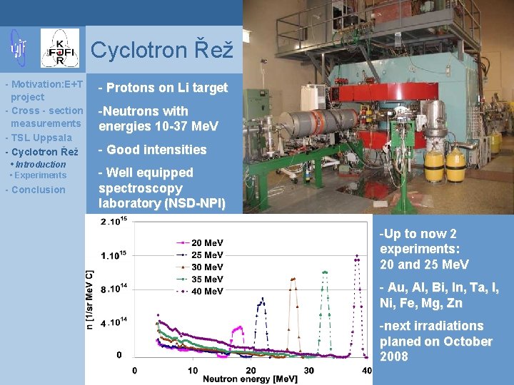 Cyclotron Řež - Motivation: E+T project - Cross - section measurements - TSL Uppsala