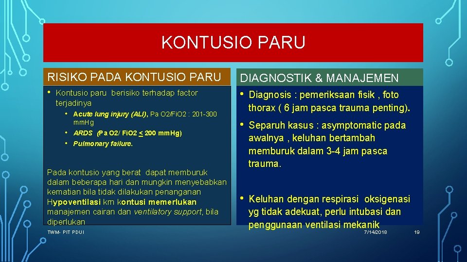 KONTUSIO PARU RISIKO PADA KONTUSIO PARU DIAGNOSTIK & MANAJEMEN • • Diagnosis : pemeriksaan