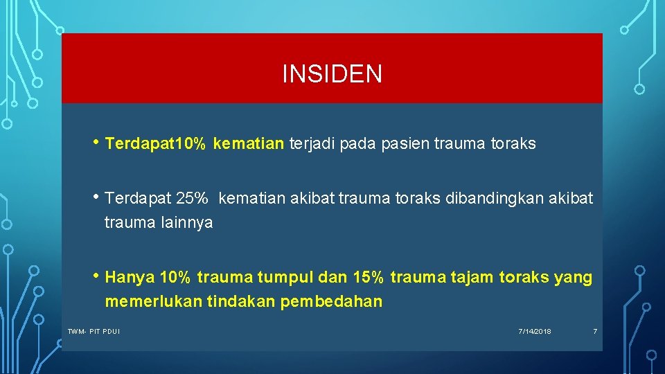 INSIDEN • Terdapat 10% kematian terjadi pada pasien trauma toraks • Terdapat 25% kematian INSIDEN • Terdapat 10% kematian terjadi pada pasien trauma toraks • Terdapat 25% kematian