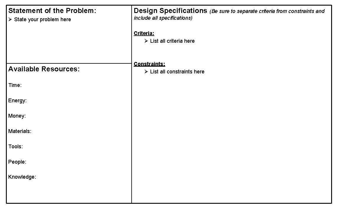 Statement of the Problem: Design Specifications (Be sure to separate criteria from constraints and
