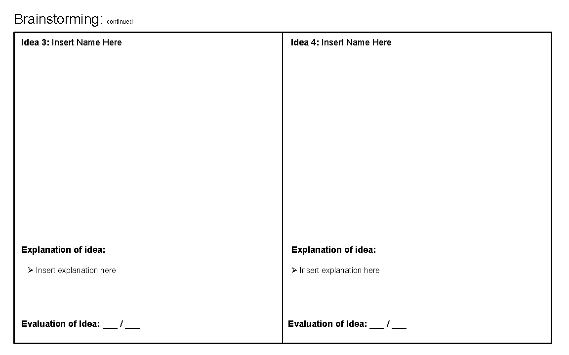 Brainstorming: continued Idea 3: Insert Name Here Idea 4: Insert Name Here Explanation of