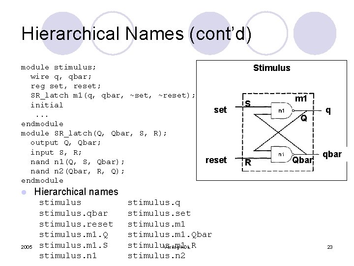 Hierarchical Names (cont’d) module stimulus; wire q, qbar; reg set, reset; SR_latch m 1(q,