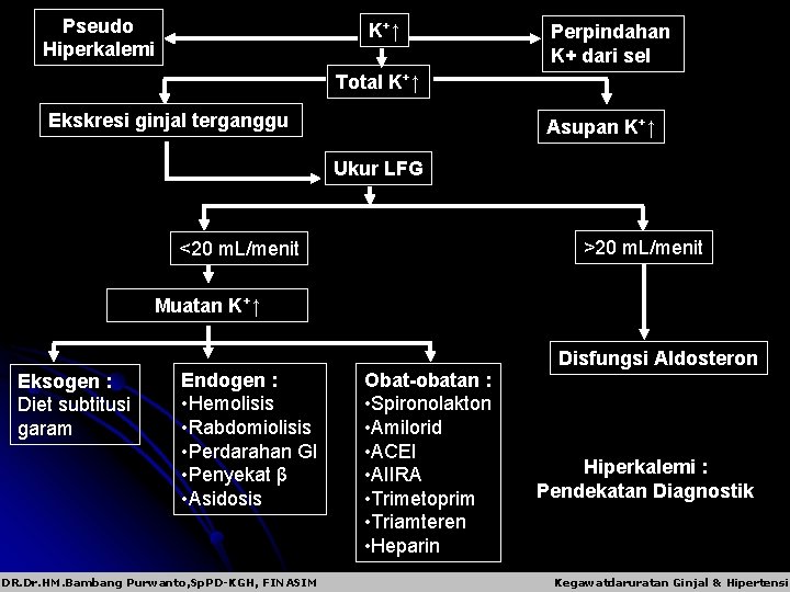 Pseudo Hiperkalemi K+ ↑ Perpindahan K+ dari sel Total K+↑ Ekskresi ginjal terganggu Asupan