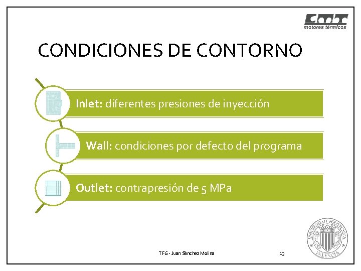 CONDICIONES DE CONTORNO Inlet: diferentes presiones de inyección Wall: condiciones por defecto del programa CONDICIONES DE CONTORNO Inlet: diferentes presiones de inyección Wall: condiciones por defecto del programa