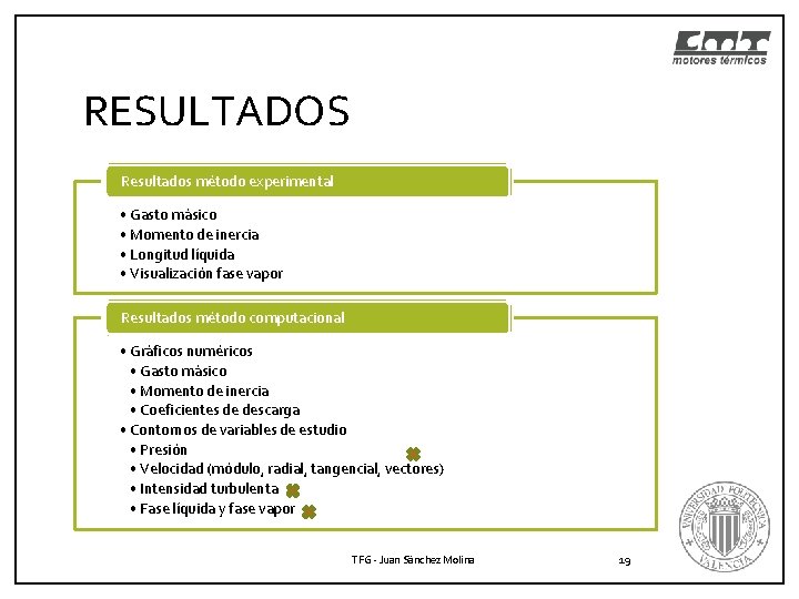 RESULTADOS Resultados método experimental • Gasto másico • Momento de inercia • Longitud líquida RESULTADOS Resultados método experimental • Gasto másico • Momento de inercia • Longitud líquida