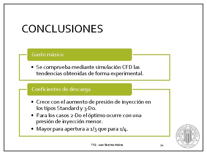 CONCLUSIONES Gasto másico • Se comprueba mediante simulación CFD las tendencias obtenidas de forma CONCLUSIONES Gasto másico • Se comprueba mediante simulación CFD las tendencias obtenidas de forma