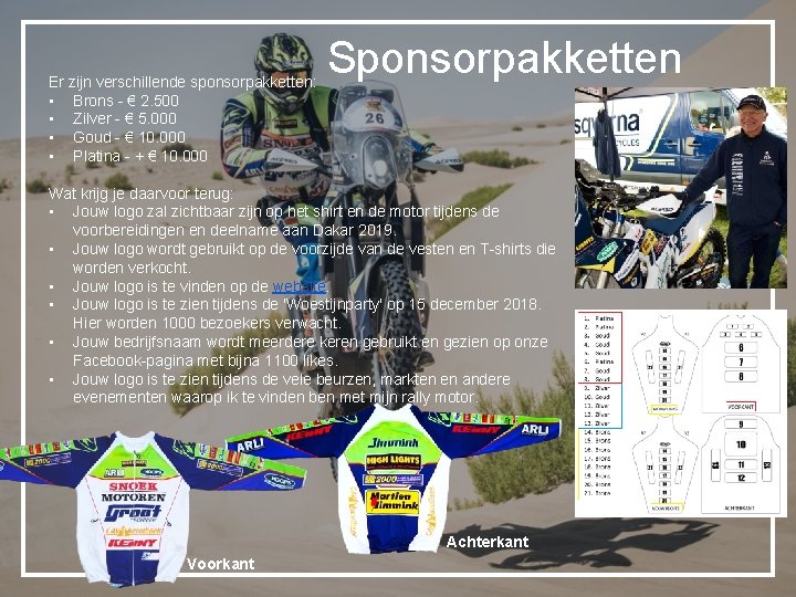 Er zijn verschillende sponsorpakketten: • Brons - € 2. 500 • Zilver - €