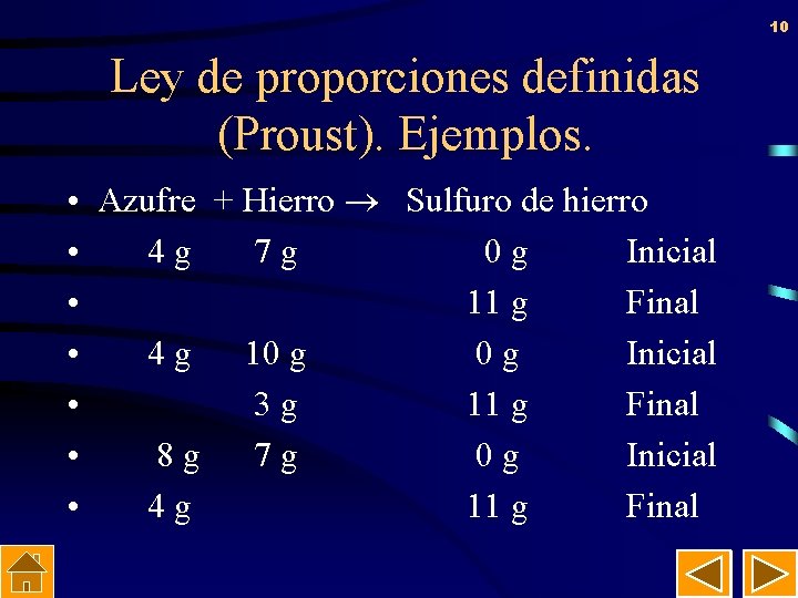 10 Ley de proporciones definidas (Proust). Ejemplos. • Azufre + Hierro Sulfuro de hierro