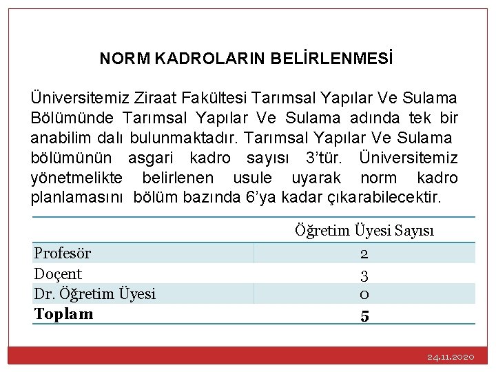 NORM KADROLARIN BELİRLENMESİ Üniversitemiz Ziraat Fakültesi Tarımsal Yapılar Ve Sulama Bölümünde Tarımsal Yapılar Ve