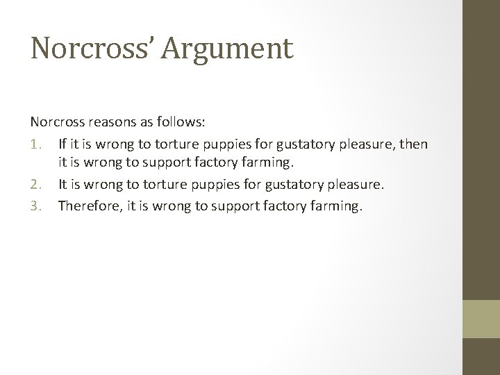 Norcross’ Argument Norcross reasons as follows: 1. If it is wrong to torture puppies