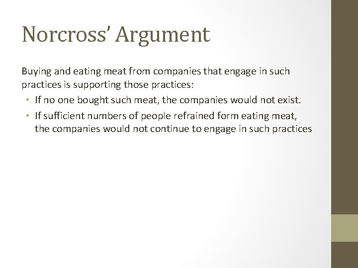 Norcross’ Argument Buying and eating meat from companies that engage in such practices is Norcross’ Argument Buying and eating meat from companies that engage in such practices is