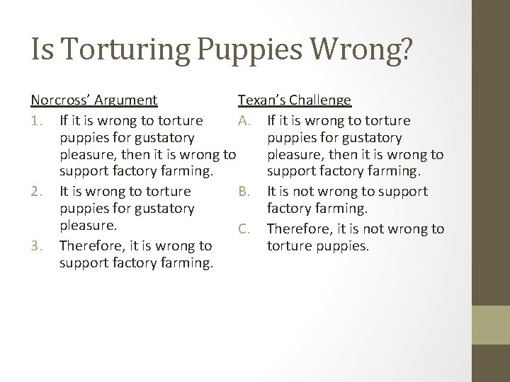 Is Torturing Puppies Wrong? Norcross’ Argument Texan’s Challenge 1. If it is wrong to Is Torturing Puppies Wrong? Norcross’ Argument Texan’s Challenge 1. If it is wrong to