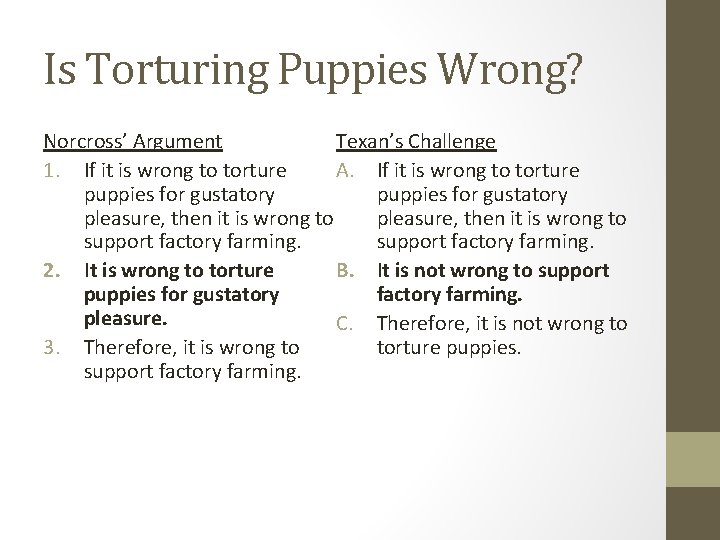 Is Torturing Puppies Wrong? Norcross’ Argument Texan’s Challenge 1. If it is wrong to