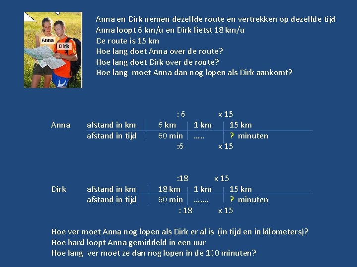 Anna en Dirk nemen dezelfde route en vertrekken op dezelfde tijd Anna loopt 6