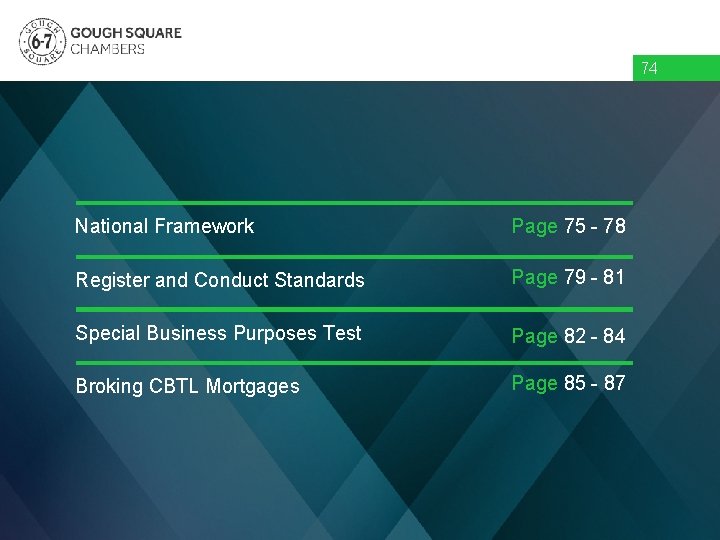 74 Overview National Framework Page 75 - 78 Register and Conduct Standards Page 79