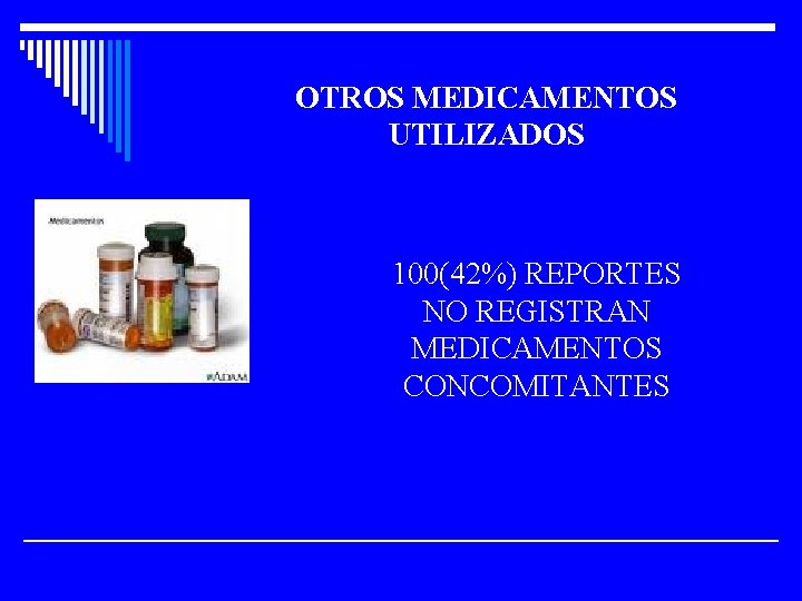 OTROS MEDICAMENTOS UTILIZADOS 100(42%) REPORTES NO REGISTRAN MEDICAMENTOS CONCOMITANTES 