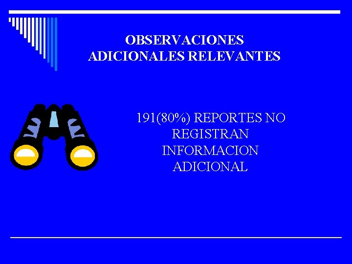 OBSERVACIONES ADICIONALES RELEVANTES 191(80%) REPORTES NO REGISTRAN INFORMACION ADICIONAL 