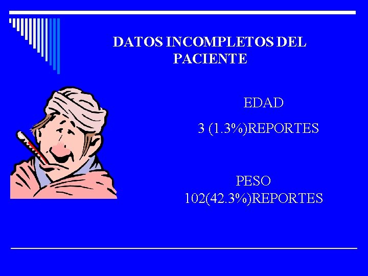 DATOS INCOMPLETOS DEL PACIENTE EDAD 3 (1. 3%)REPORTES PESO 102(42. 3%)REPORTES 