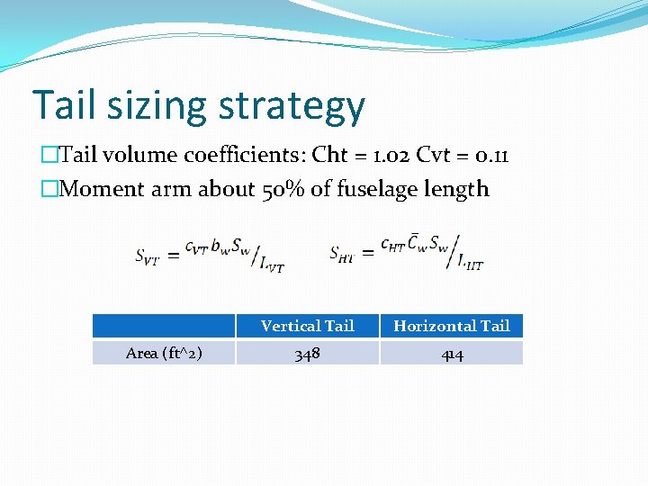 Tail sizing strategy �Tail volume coefficients: Cht = 1. 02 Cvt = 0. 11