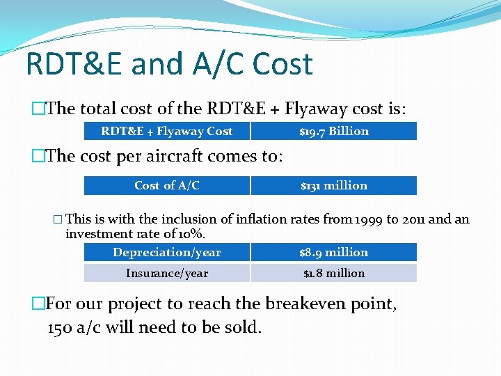 RDT&E and A/C Cost �The total cost of the RDT&E + Flyaway cost is:
