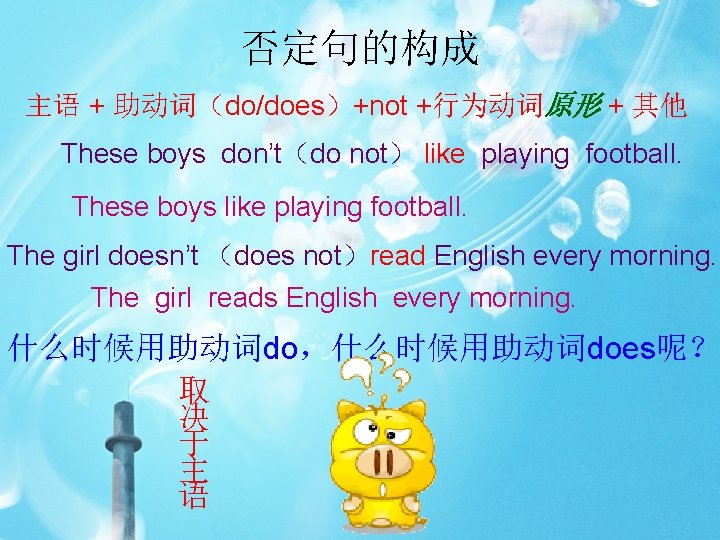 否定句的构成 主语 + 助动词（do/does）+not +行为动词原形 + 其他 These boys don’t（do not） like playing football.