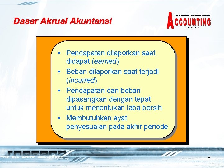 Dasar Akrual Akuntansi • Pendapatan dilaporkan saat didapat (earned) • Beban dilaporkan saat terjadi