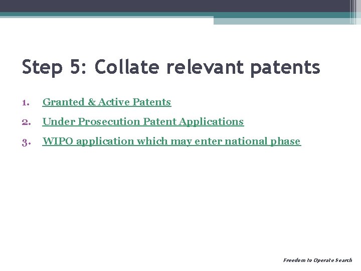 Step 5: Collate relevant patents 1. Granted & Active Patents 2. Under Prosecution Patent