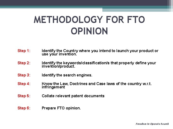 METHODOLOGY FOR FTO OPINION Step 1: Identify the Country where you intend to launch