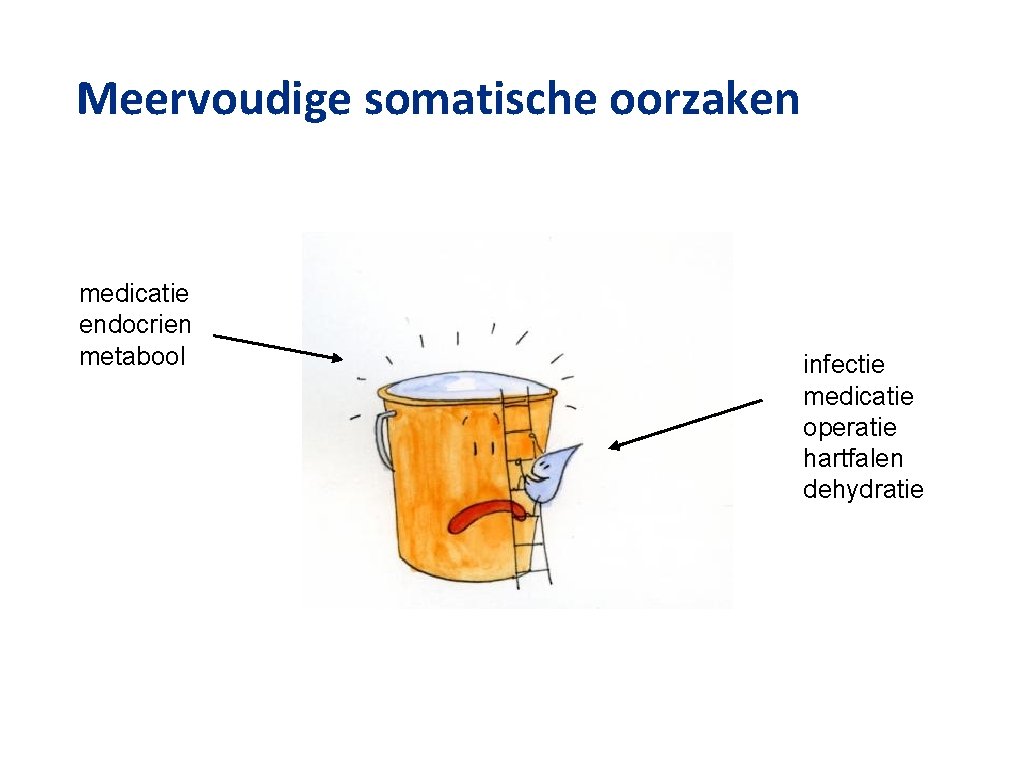 Meervoudige somatische oorzaken medicatie endocrien metabool infectie medicatie operatie hartfalen dehydratie 