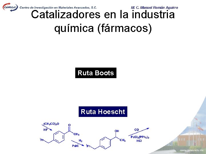 M. C. Manuel Román Aguirre Catalizadores en la industria química (fármacos) Ruta Boots Ruta