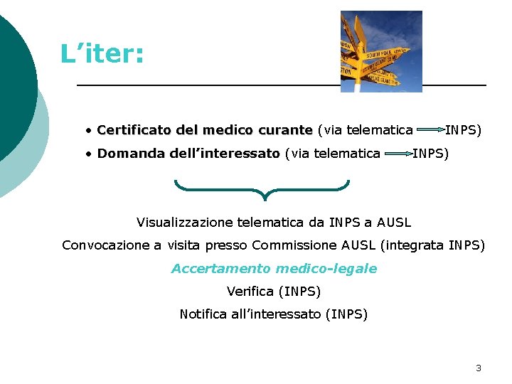 L’iter: • Certificato del medico curante (via telematica • Domanda dell’interessato (via telematica INPS)